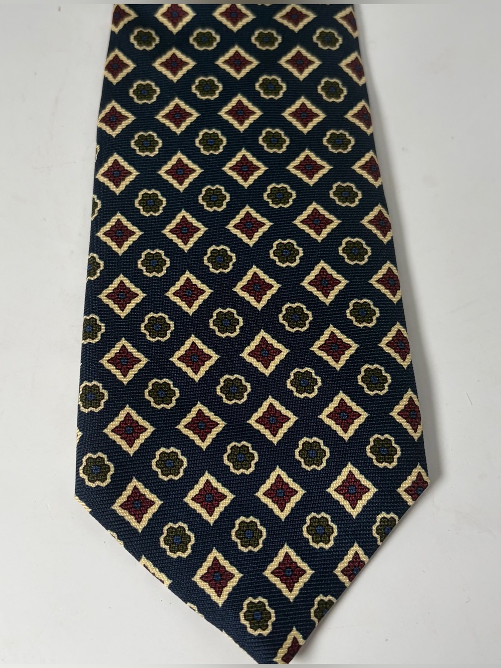 J.Crew Men's Silk Neck Tie Navy with Burgundy, Olive & Cream Geometric Motif
